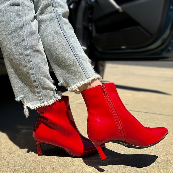 Anne Michelle Shoes - New True Red Pointed Toe Kitten Low Heel Ankle Boots Booties Faux Patent Leather